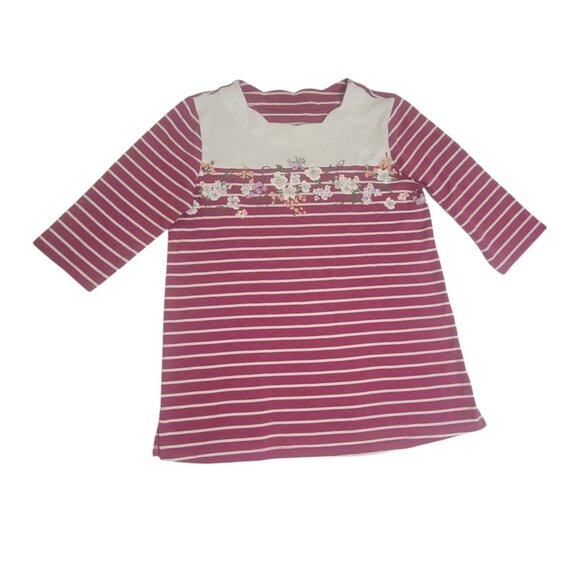 Blair Tops - Blair Womens Small Striped Floral Tunic Top 3/4 Sleeves Burgundy & White Cotton